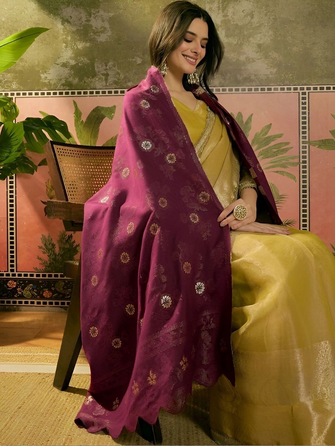 Sangria Violet Floral Woven Design Scalloped Winter Shawl-picture-39