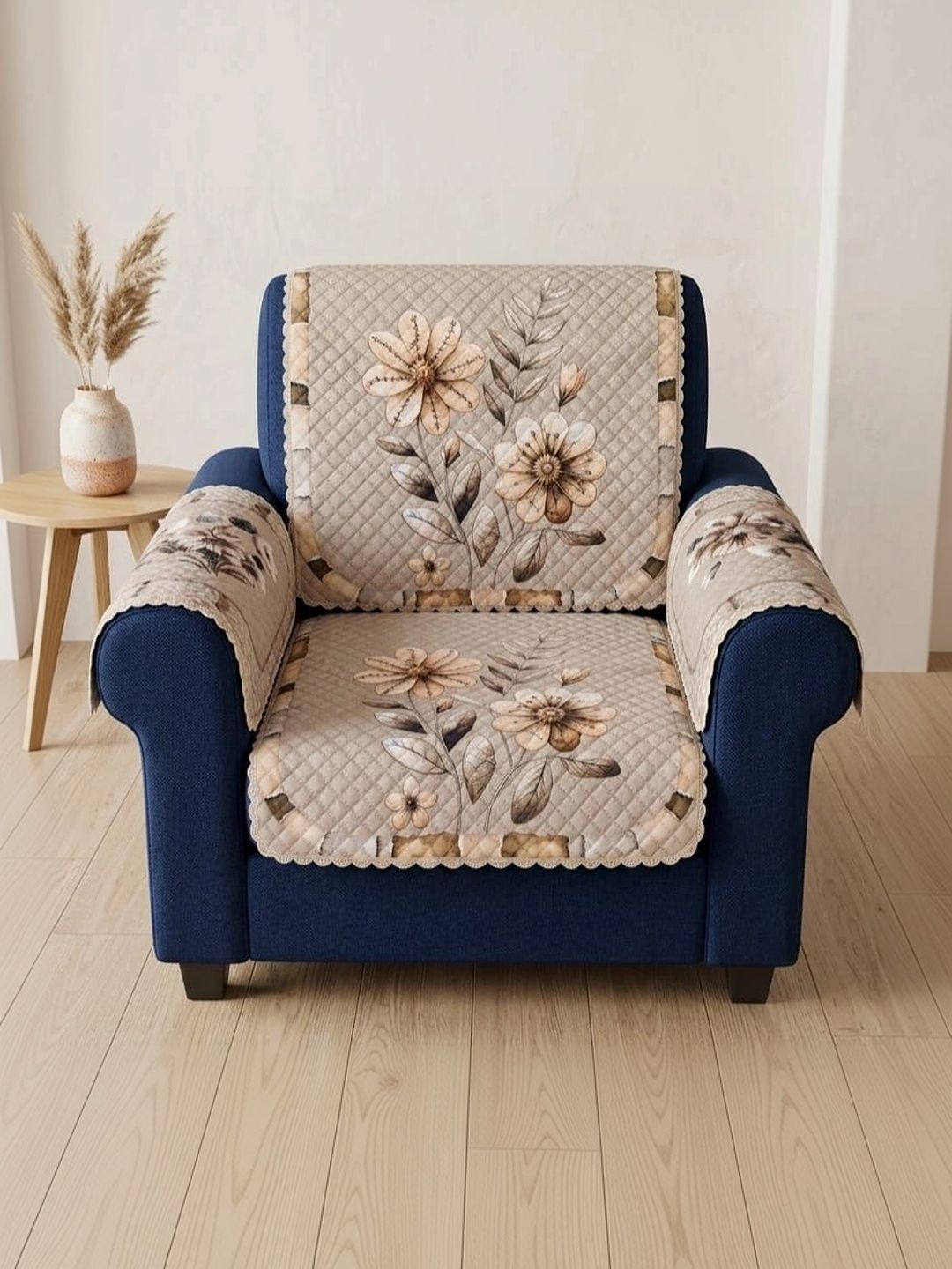 KANUM Cream-Coloured Embroidered Viscose Rayon Blend 4 Piece Sofa Cover With Arms-picture-8