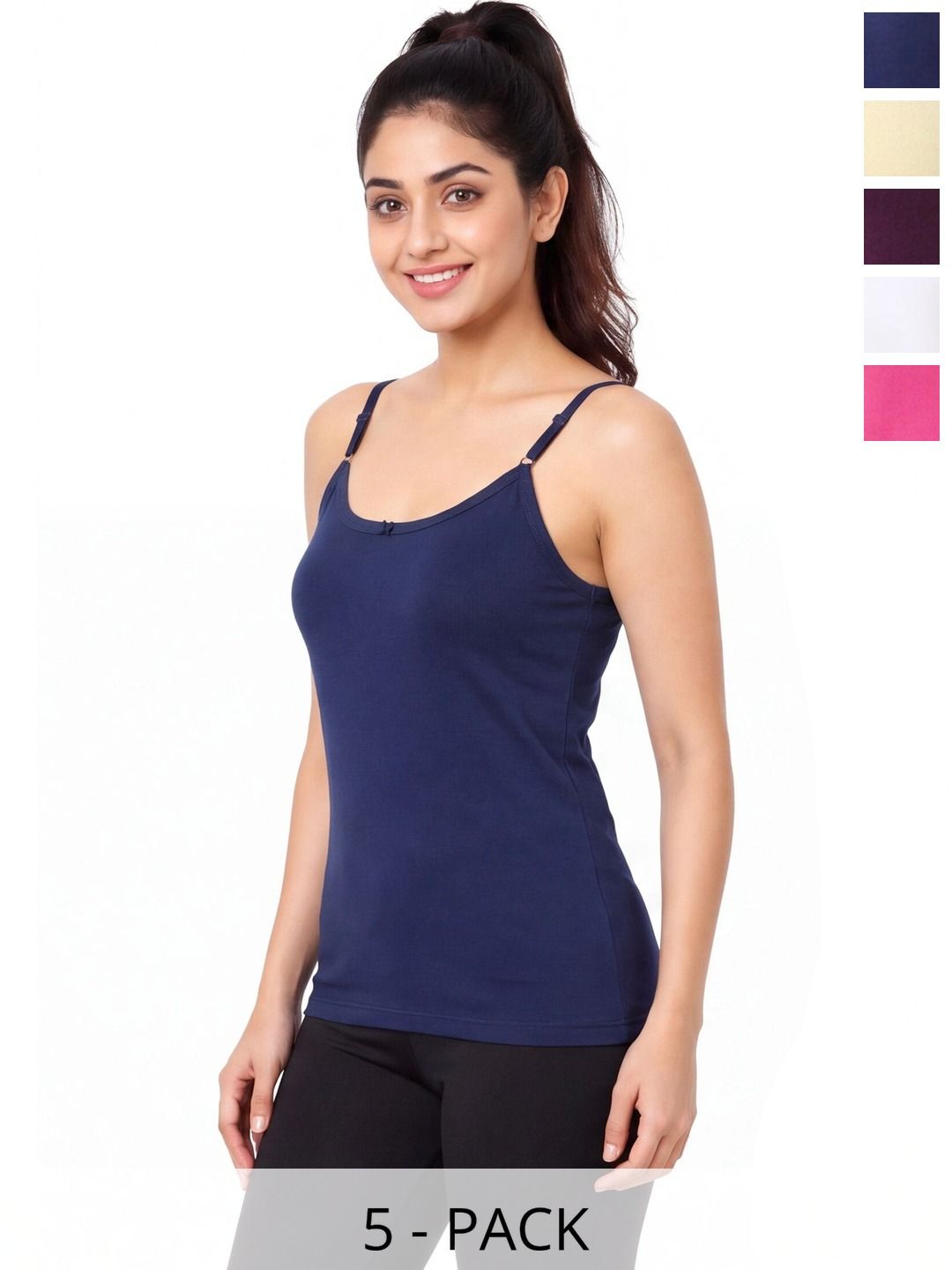OPEX Pack Of 5 solid Cotton Non Padded Camisoles-picture-0