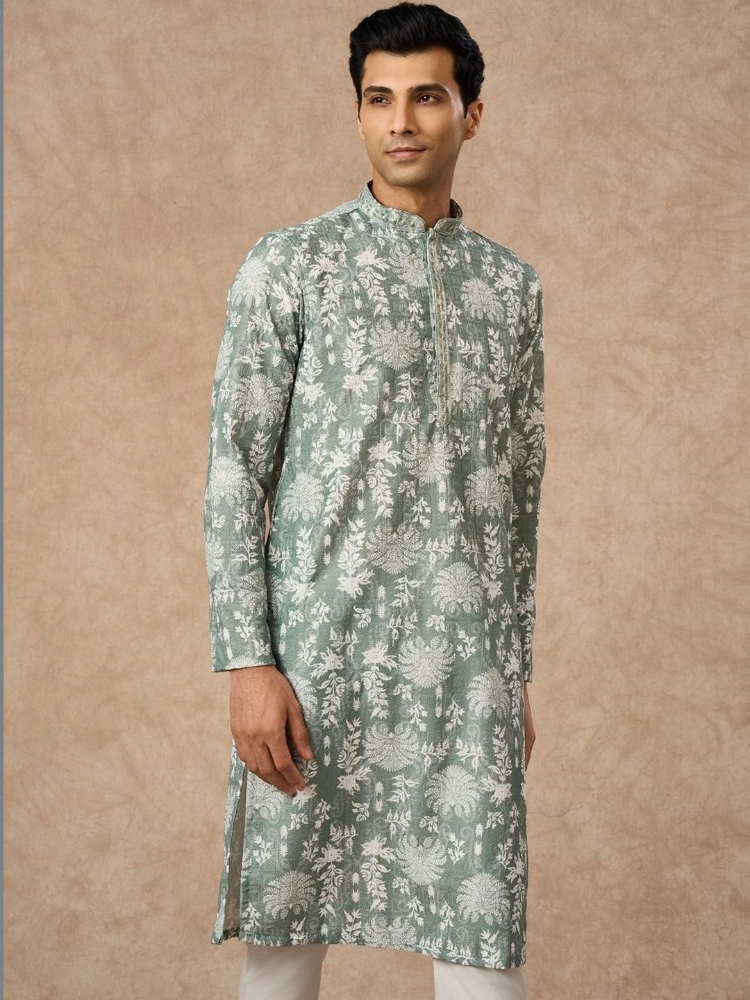 Manyavar Men Floral Embroidered Regular Thread Work Kurta with Pyjamas-picture-36