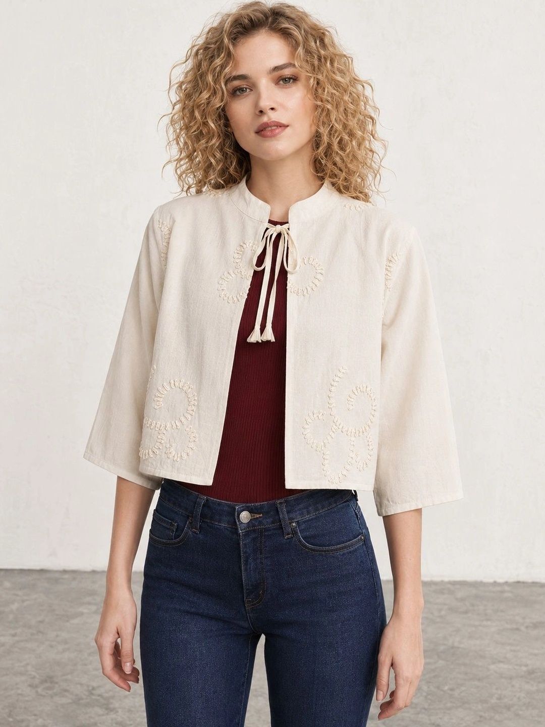 Muhuratam Women Crop Open Front Jacket with Embroidered-picture-40