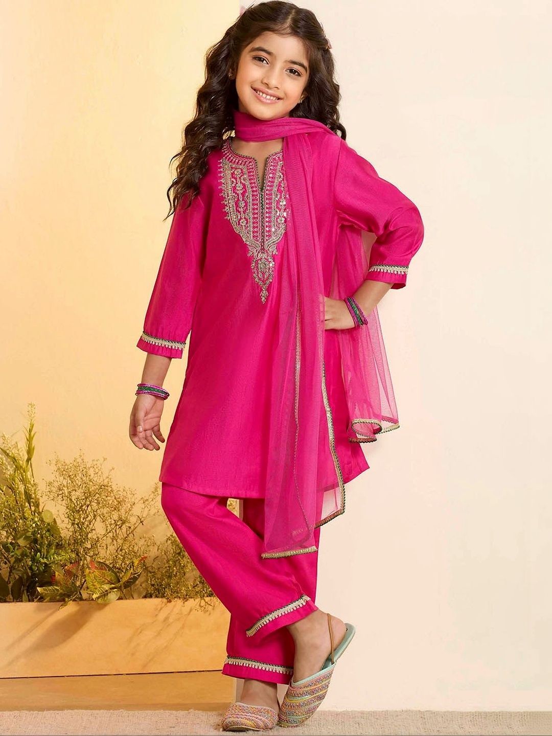 Biba Girls Ethnic Motifs Embroidered Regular Thread Work Kurta with Trousers & With Dupatta-picture-53