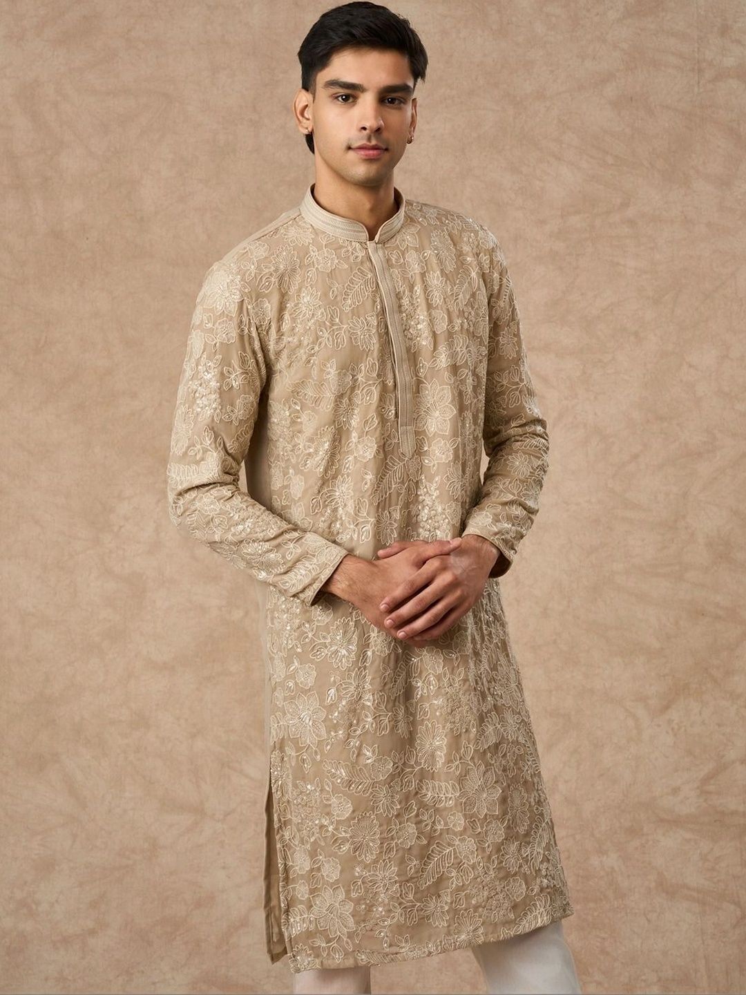 Manyavar Men Floral Embroidered Regular Thread Work Kurta with Trousers-picture-54