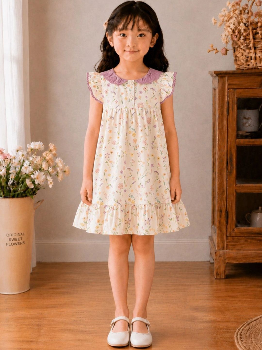 LULU & SKY Floral Print Flutter Sleeve Ruffled A-Line Dress-picture-37
