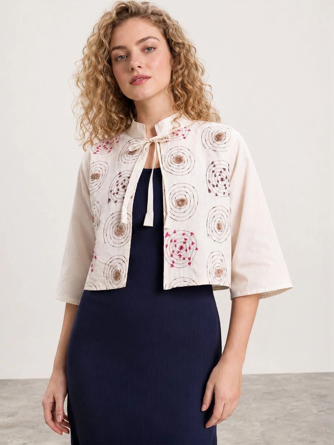 Muhuratam Women Crop Open Front Jacket with Embroidered-picture-58