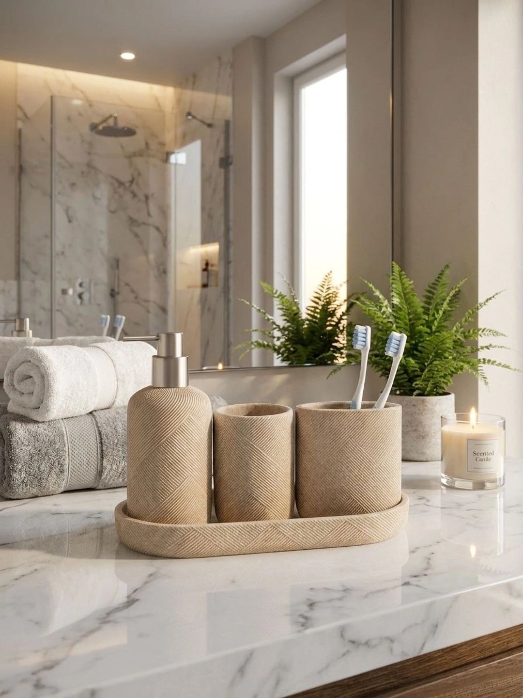 Pano Beige 4 piece Textured Polyresin Bath Accessories Set-picture-54