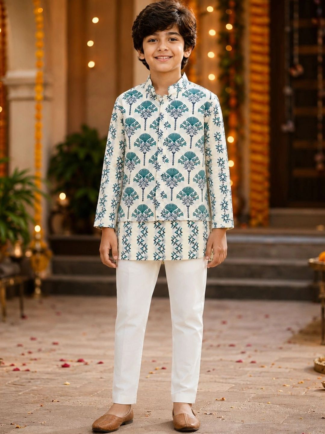 The Magic Wand Boys Ethnic Motifs Printed Regular Pure Cotton Kurta with Trousers-image-7