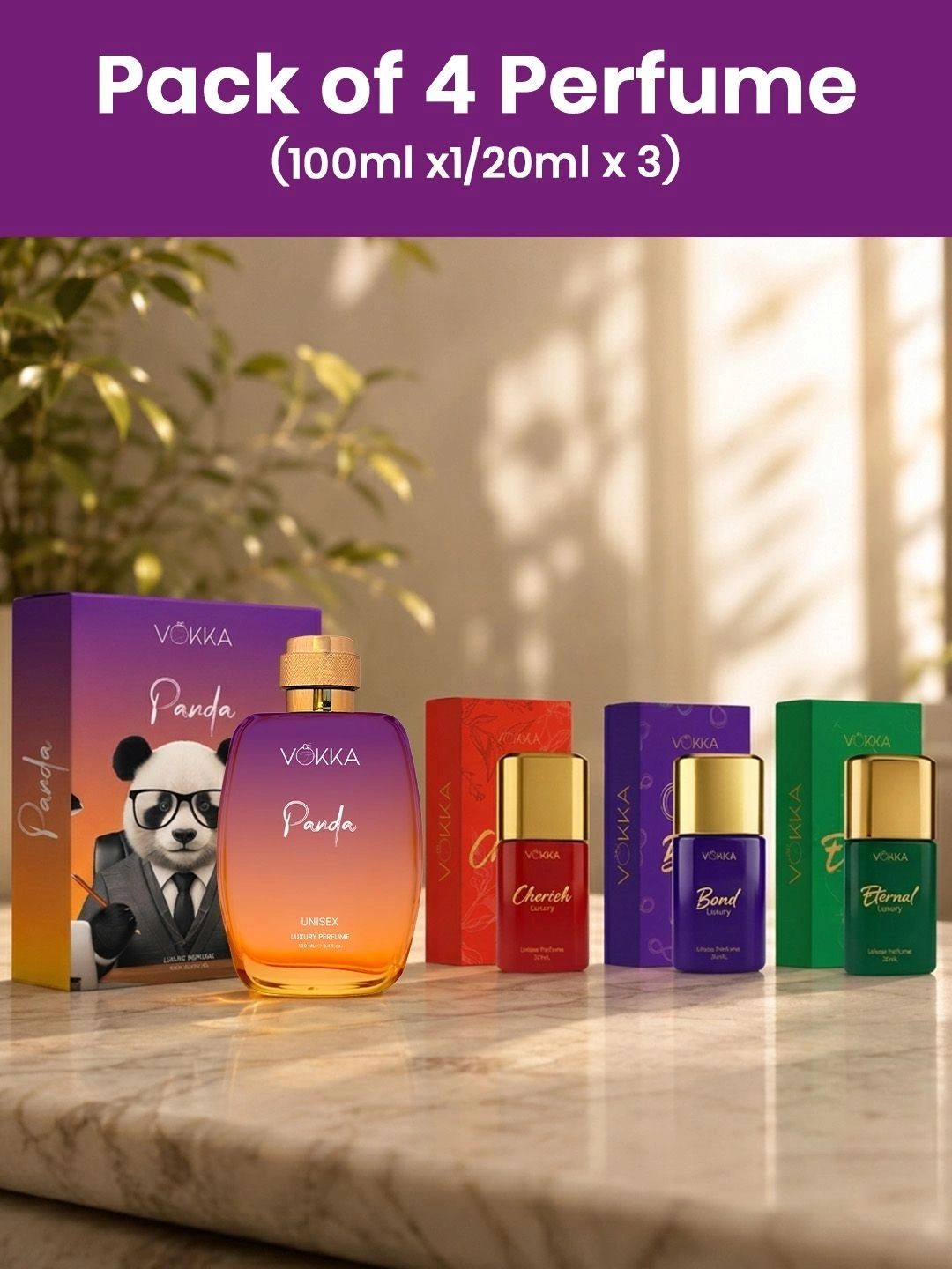 VOKKA Set Of 4 Panda, Cherish, Bond & Eternal Eau De Perfume - 100 & 20 ml Each-picture-48