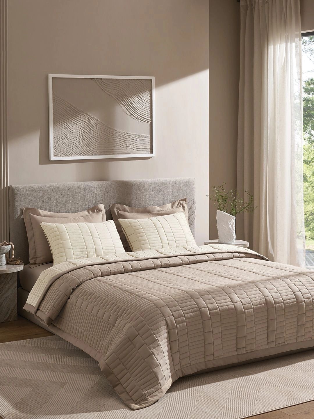 SANSAAR A DDECOR BRAND LIVE CONSCIOUSLY White & Taupe Striped Cotton 3 Piece Double Extra Large Superfine Bedding Set-image-16