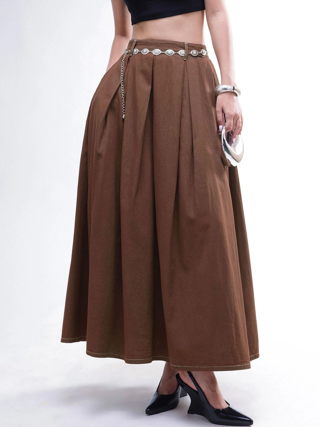 SASSAFRAS Women Pure Cotton Maxi Flared Skirt-image-49