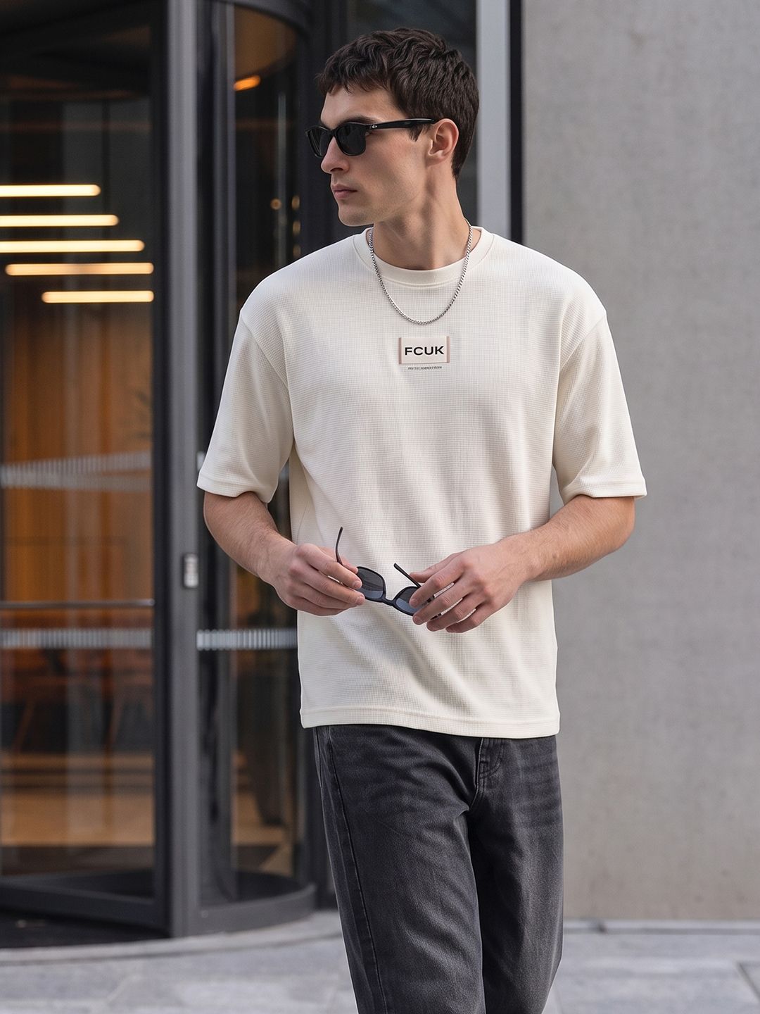 FCUK Self Design Drop-Shoulder Sleeves Pure Cotton Oversized T-shirt-picture-13
