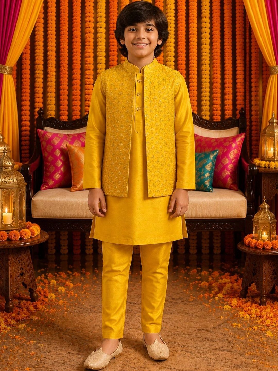 KALINI Boys Regular Pure Silk Kurta with Trousers-picture-49