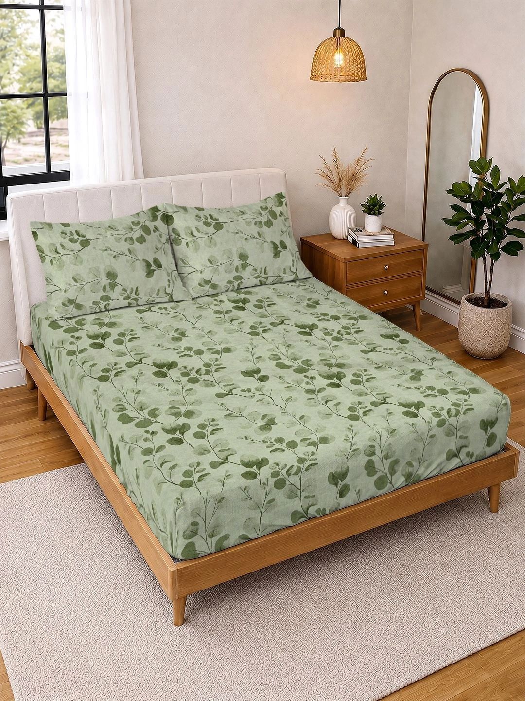 KLOTTHE Green Floral 300 TC King Bedsheet with 2 Pillow Covers-picture-19