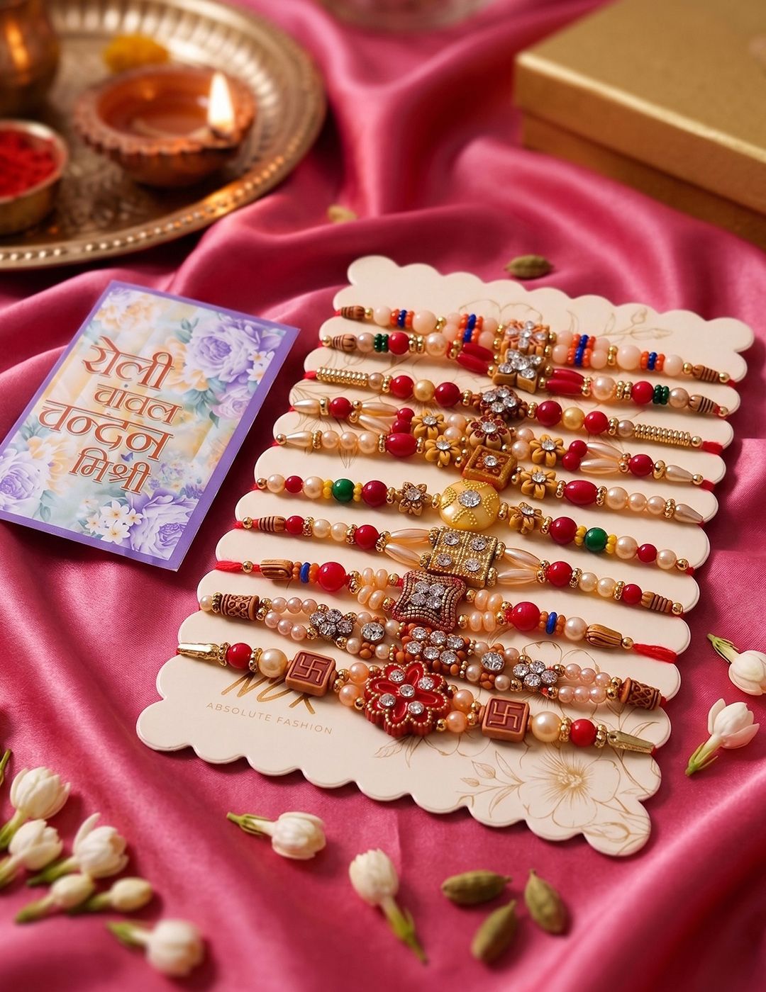 SZN Set Of 10 Artificial Stones & Beads Thread Rakhi With Roli Chawal Chandan Mishri-picture-24