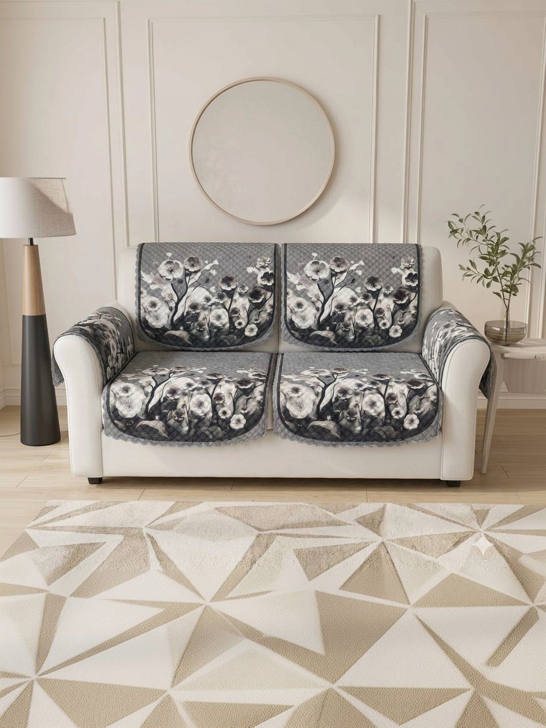 KANUM Cream-Coloured Printed Viscose Rayon Blend Sofa Cover With Arms-picture-53