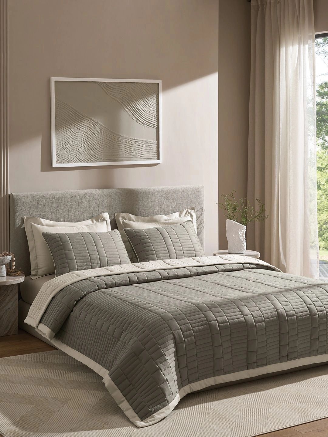 SANSAAR A DDECOR BRAND LIVE CONSCIOUSLY Grey & Beige Striped Cotton 3 Piece Double Extra Large Superfine Bedding Set-picture-12