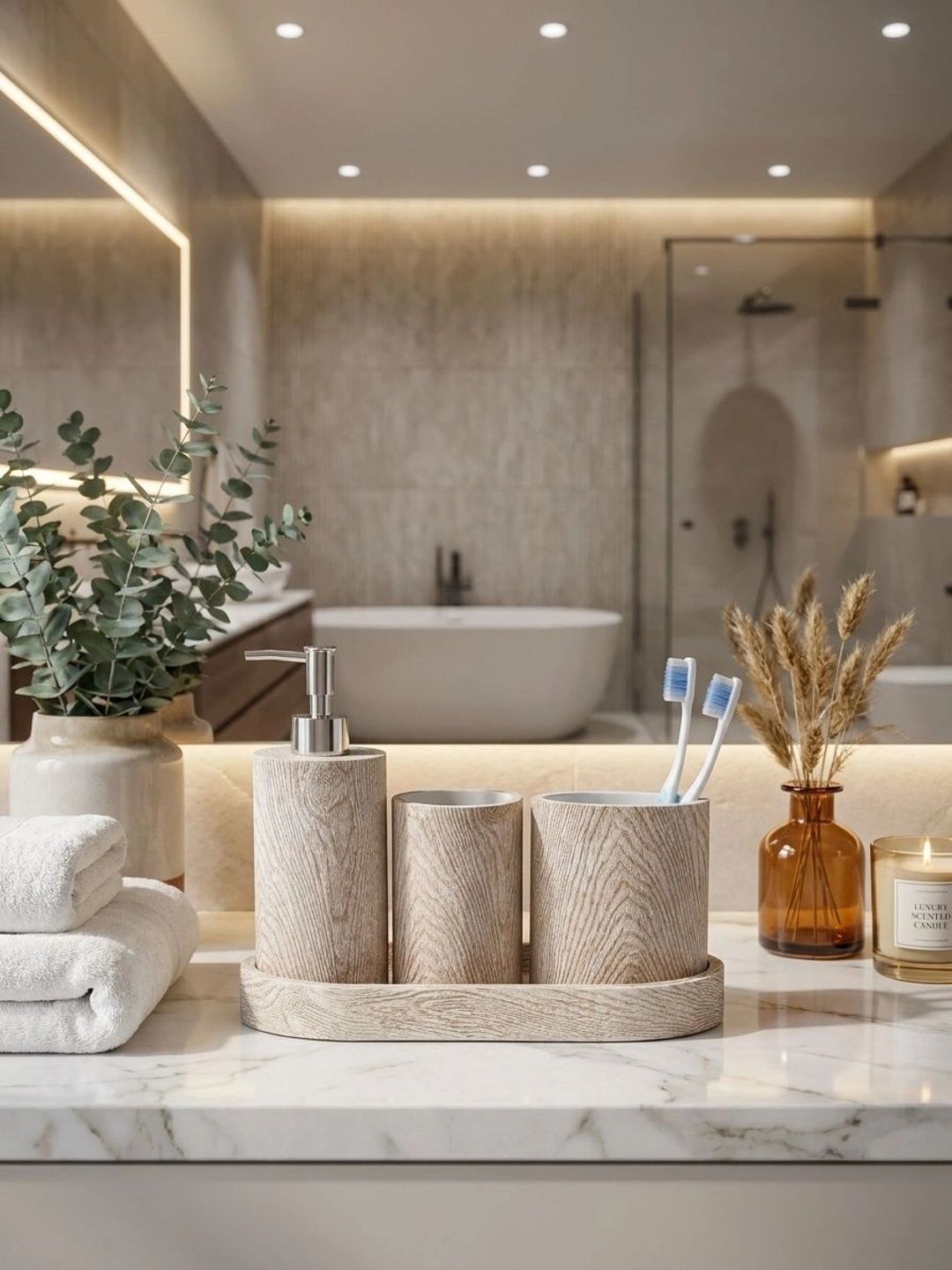 Pano Brown 4 piece Textured Polyresin Bath Accessories Set-picture-27