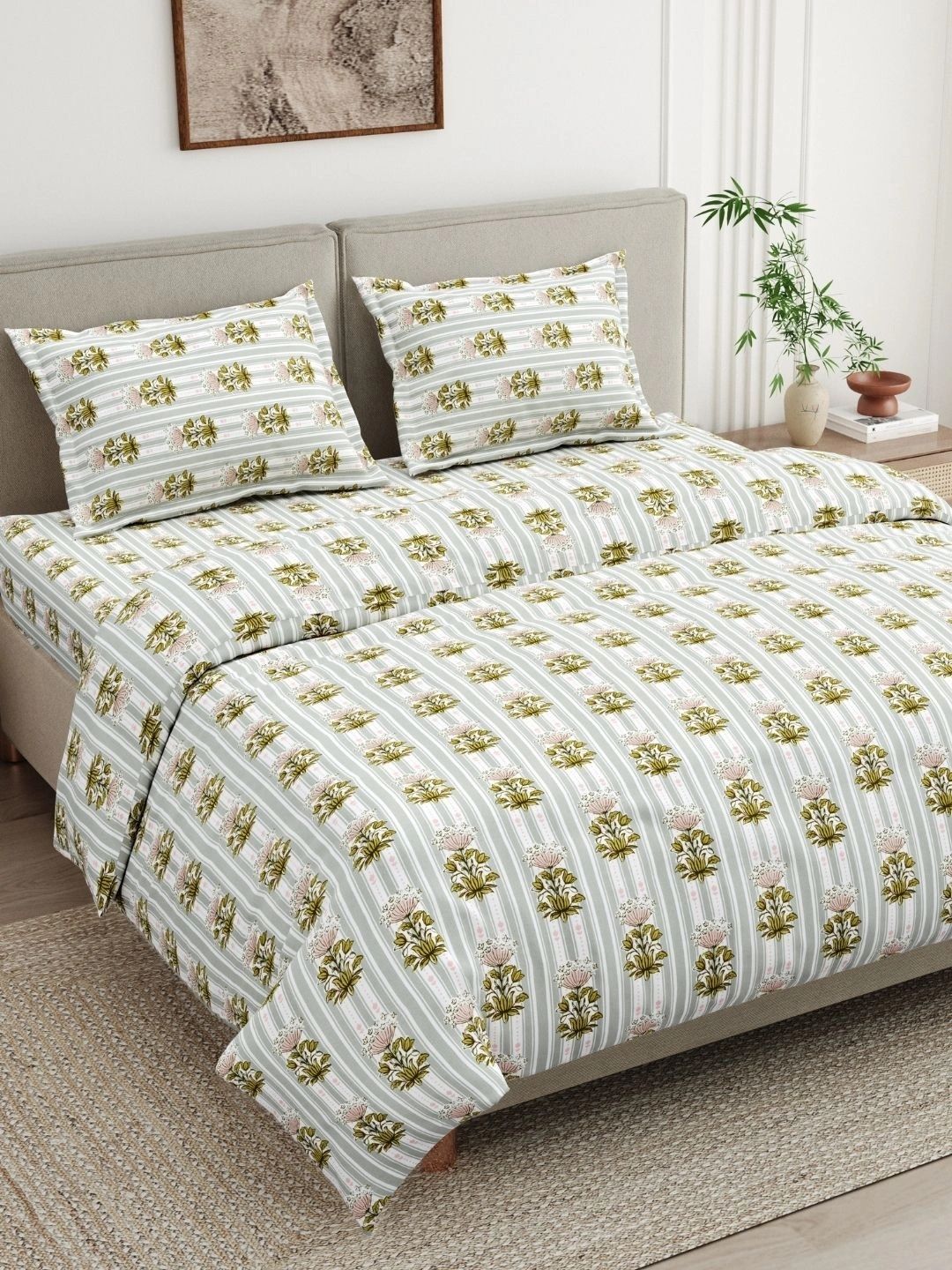 haus & kinder Grey & Green Floral 186 TC Bedsheet with 2 Pillow Covers-picture-48