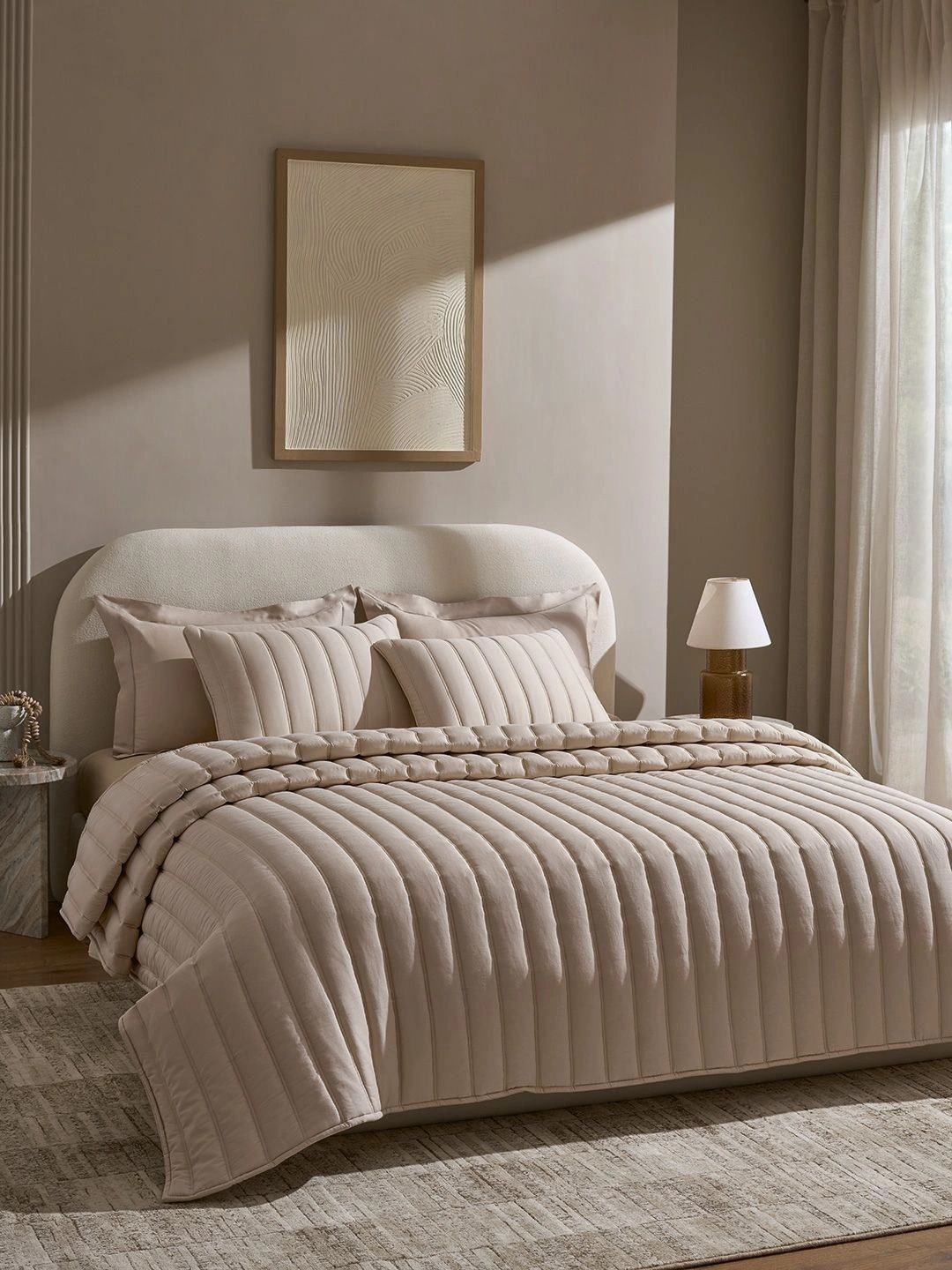 SANSAAR A DDECOR BRAND LIVE CONSCIOUSLY Beige & Brown Striped Cotton 3 Piece Double Extra Large Superfine Bedding Set-image-49