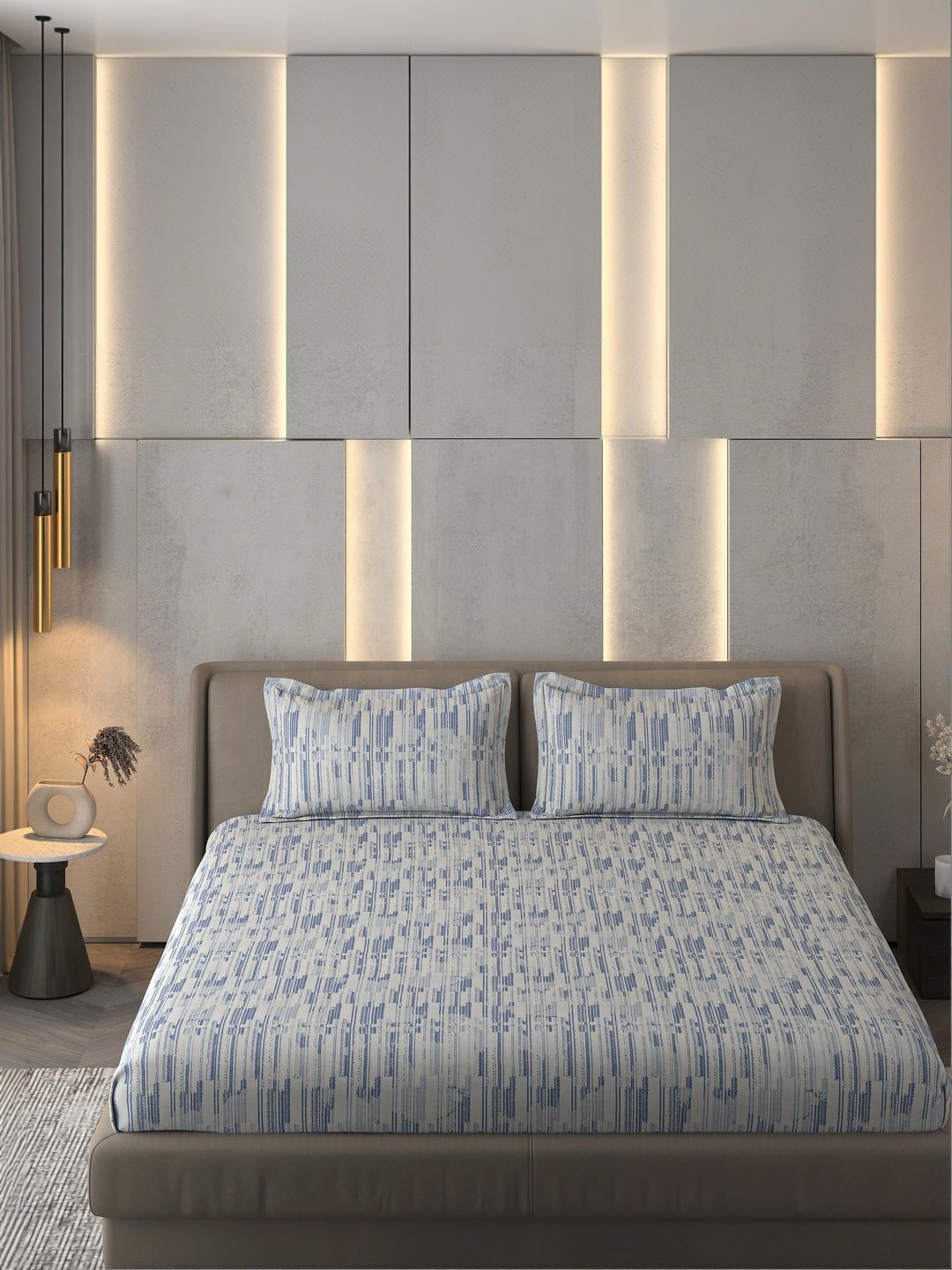 RICH KRAFT Blue & White 300 TC Queen Bedsheet with 2 Pillow Covers-image-31
