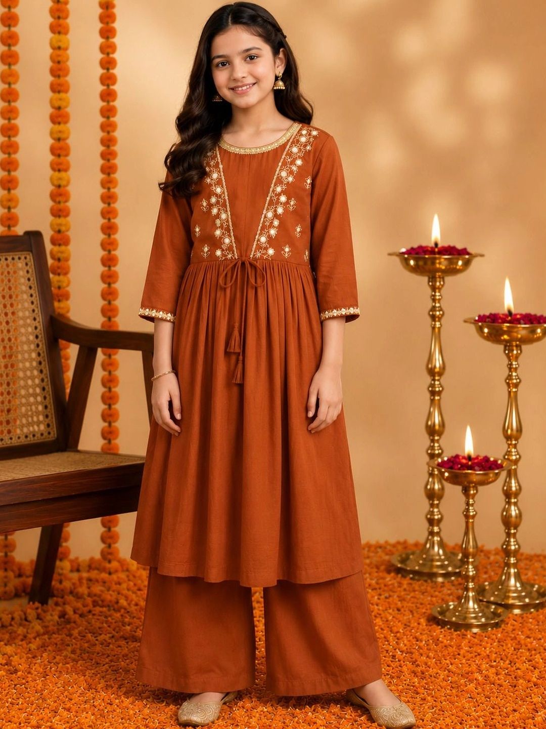 KALINI Girls Ethnic Motifs Embroidered Empire Thread Work Kurta with Palazzos-picture-45