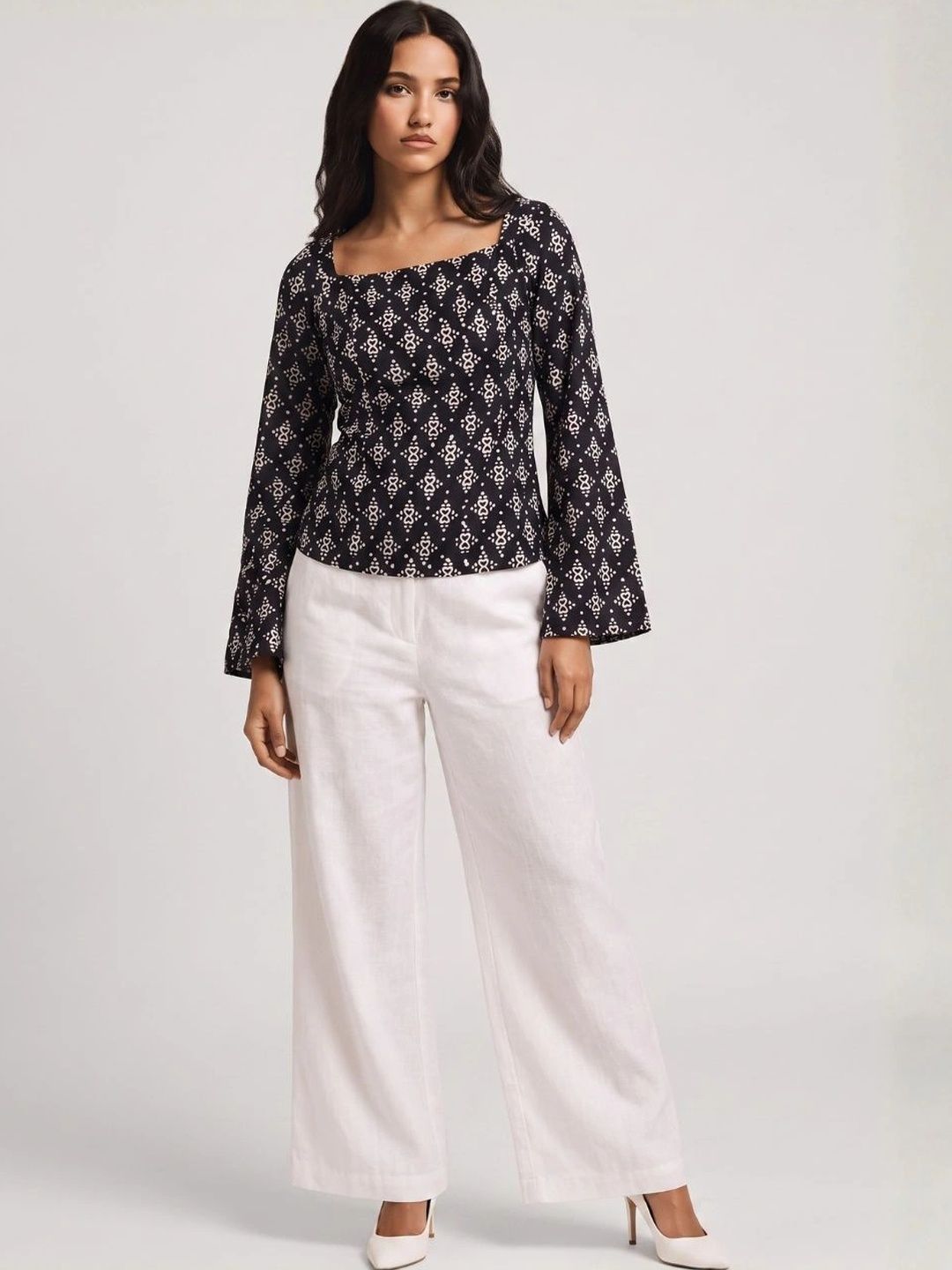 NISHORAMA Ethnic Motifs Printed Square Neck Flared Sleeves Pure Cotton Blend Kurti-picture-10