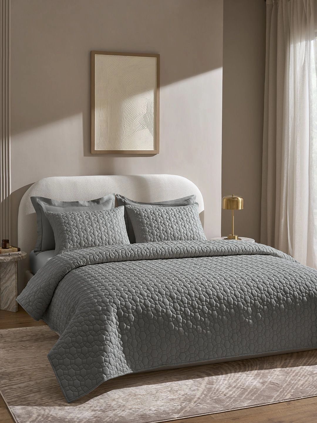 SANSAAR A DDECOR BRAND LIVE CONSCIOUSLY Grey & Beige Geometric Cotton 3 Piece Double Extra Large Superfine Bedding Set-picture-27