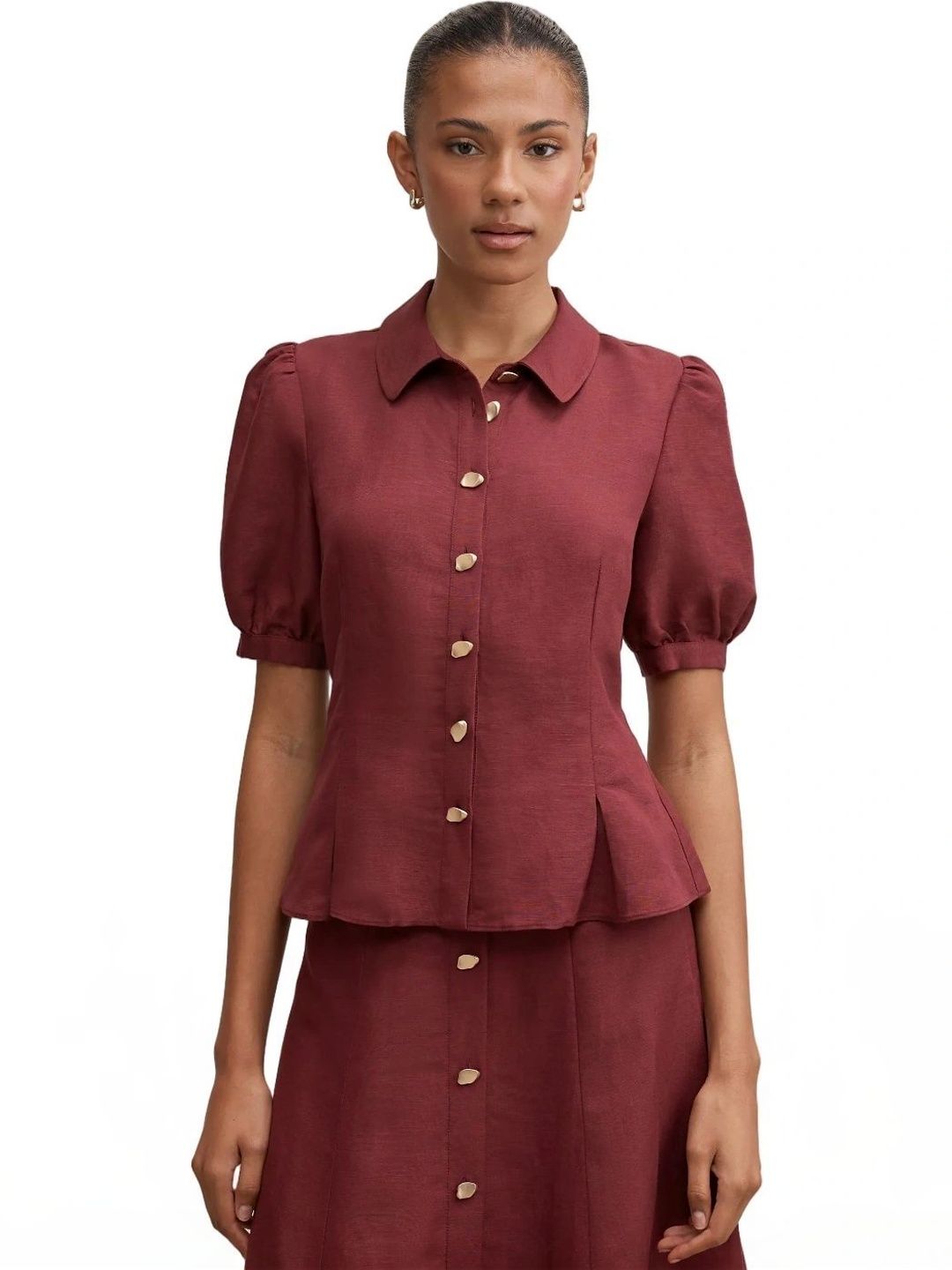 Forever New Puff Sleeve Linen Peplum Top-picture-15