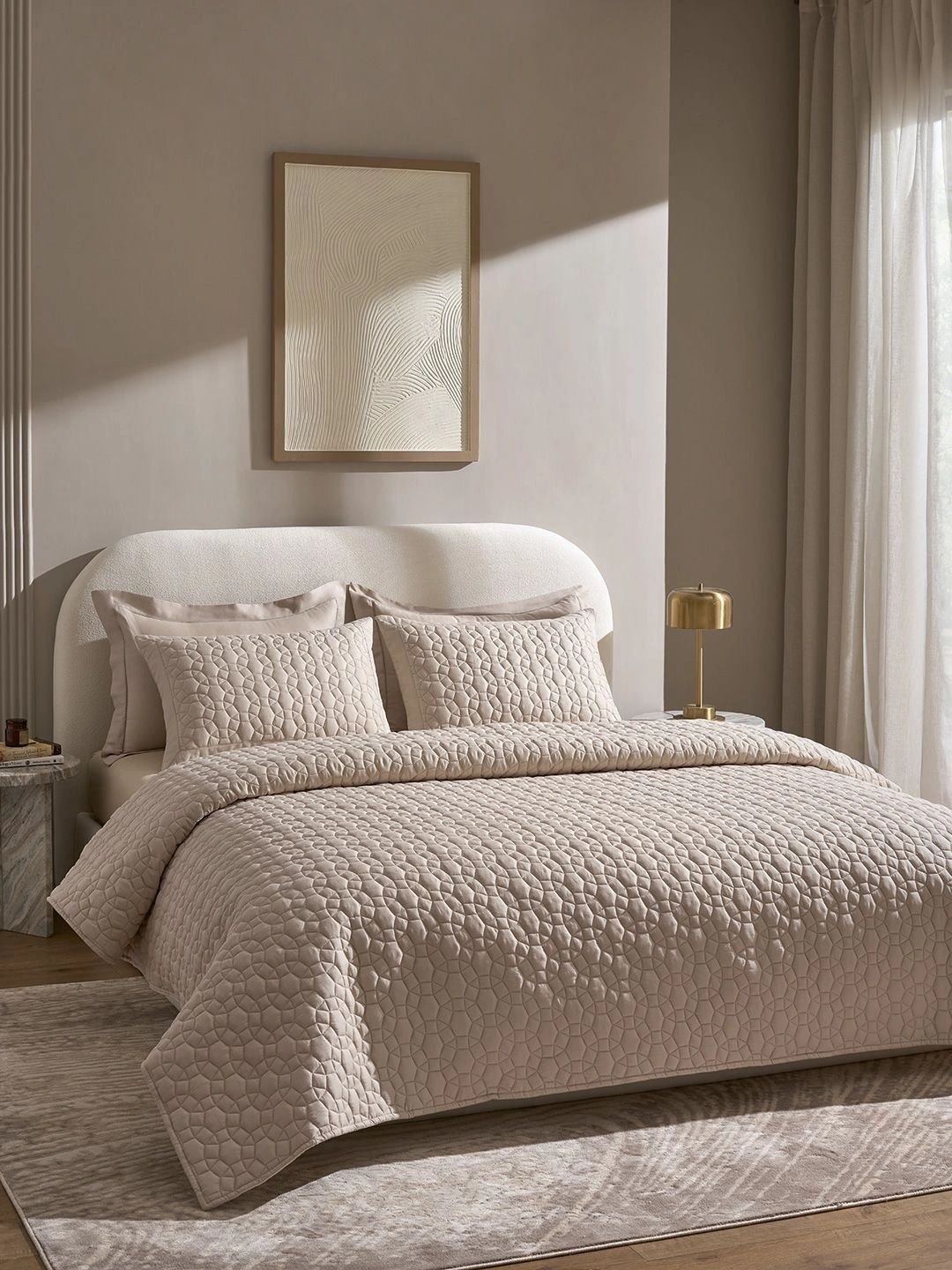 SANSAAR A DDECOR BRAND LIVE CONSCIOUSLY Beige & Brown Geometric Cotton 3 Piece Double Extra Large Superfine Bedding Set-picture-34