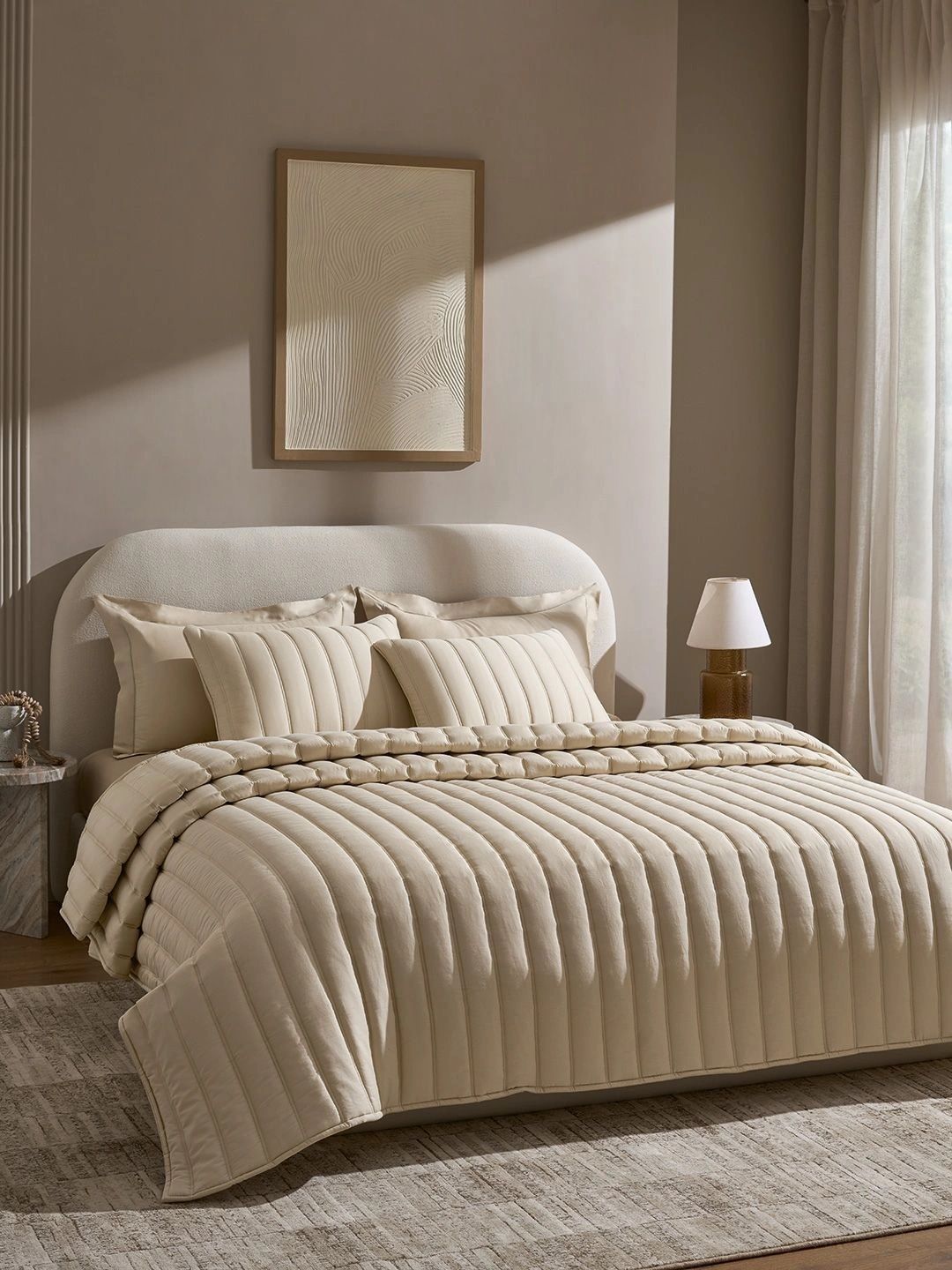 SANSAAR A DDECOR BRAND LIVE CONSCIOUSLY Beige Striped Cotton 3 Piece Double Extra Large Superfine Bedding Set-image-7