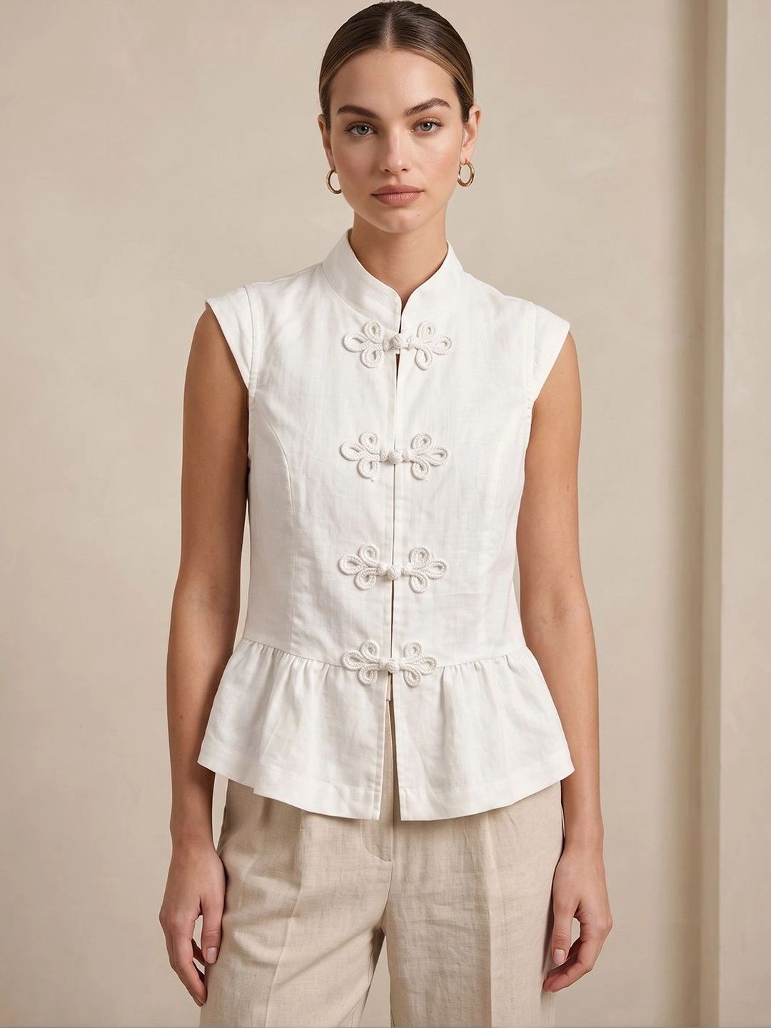 ATELIER REBEL Mandarin Collar Ruffles Cotton Blend Peplum Top-picture-17
