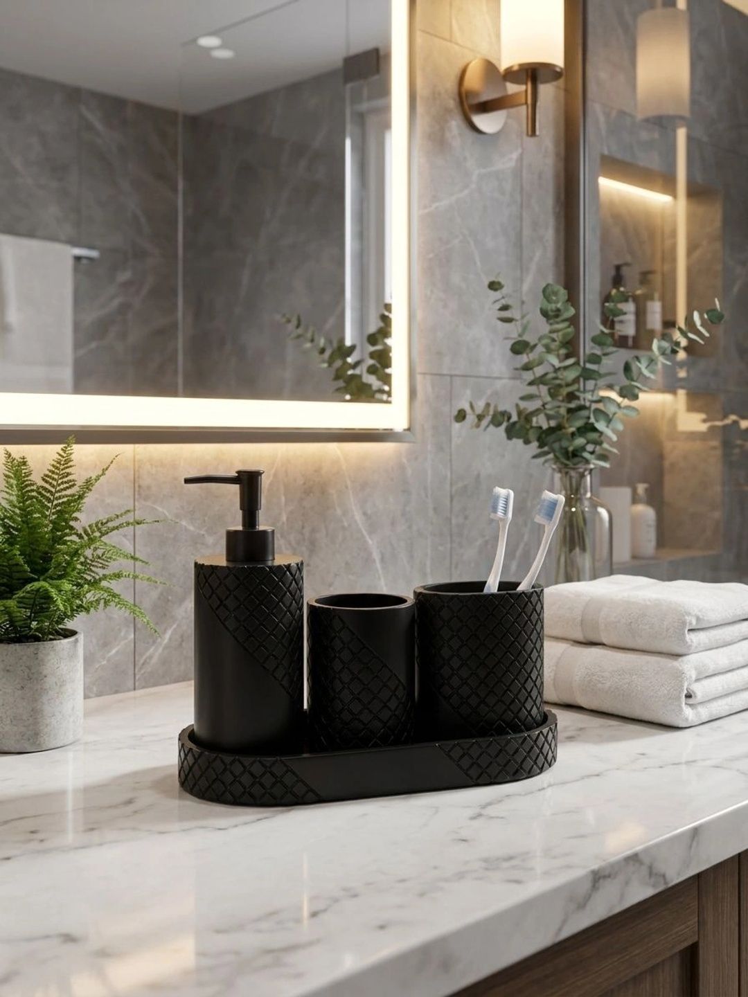 Pano Black 4 piece Textured Polyresin Bath Accessories Set-picture-57