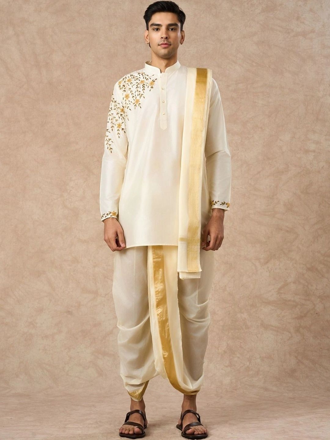 Manyavar Men Ethnic Motifs Embroidered Regular Thread Work Kurta with Dhoti Pants & With Dupatta-picture-35