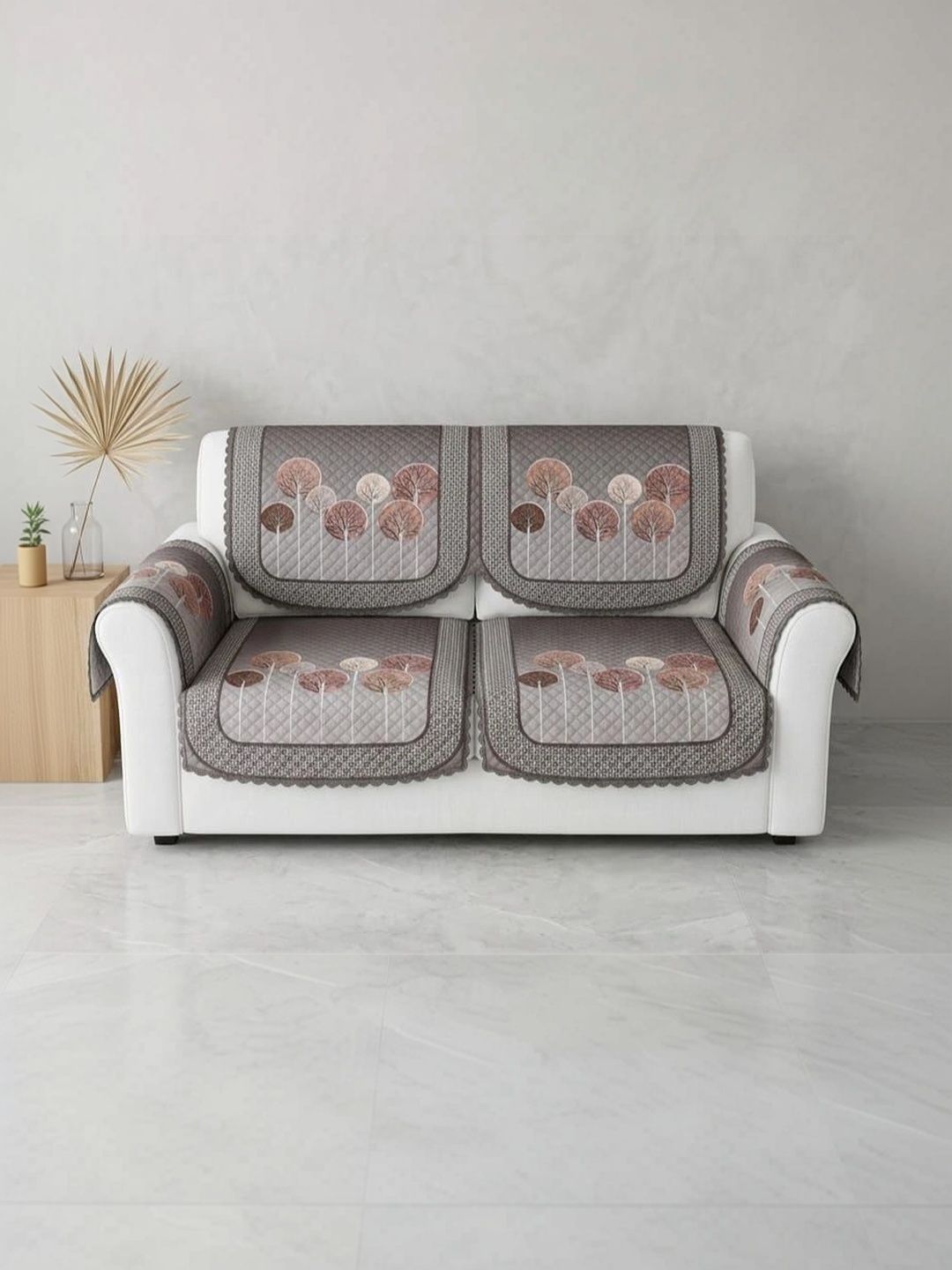 KANUM Grey Printed Viscose Rayon Blend Sofa Cover With Arms-picture-40