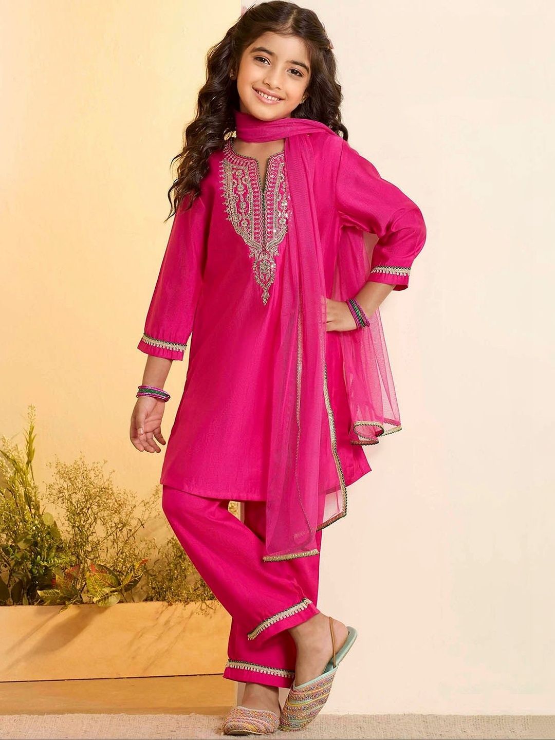 Biba Girls Ethnic Motifs Embroidered Regular Kurta with Palazzos & With Dupatta-picture-14