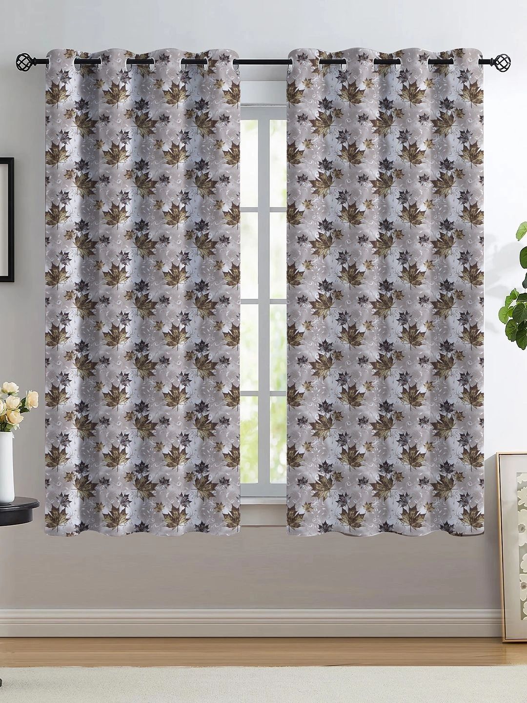Aura Coffee Brown Set of 2 Floral Room Darkening Window Curtain-image-22