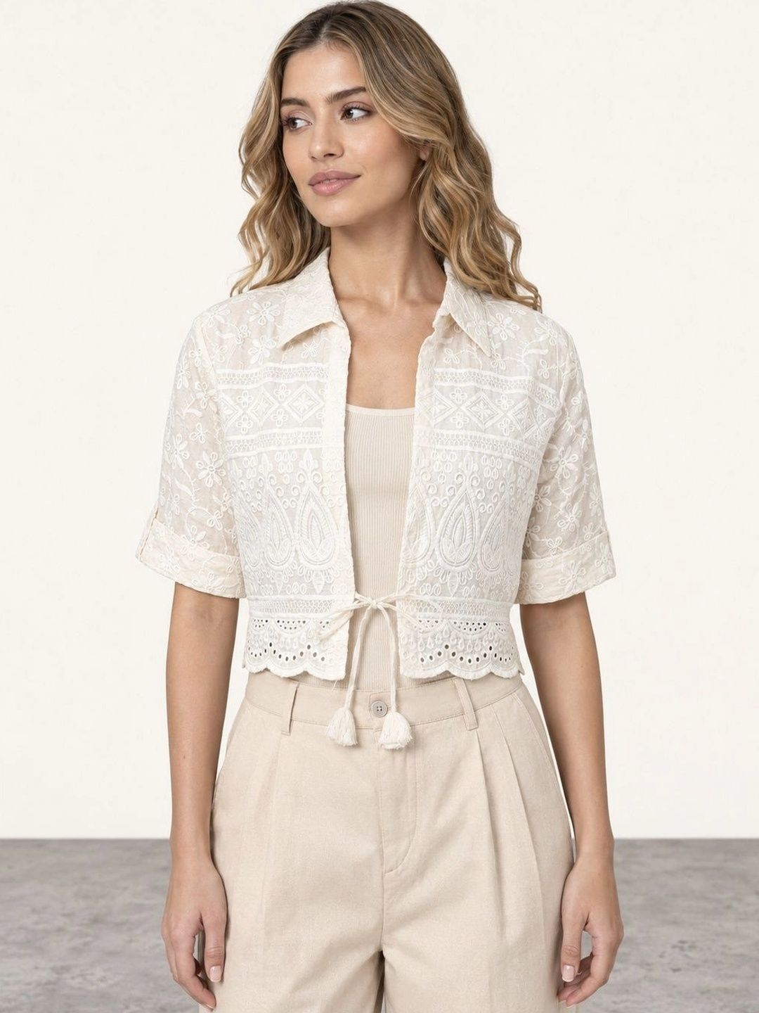 Muhuratam Women Crop Open Front Jacket with Embroidered-image-34