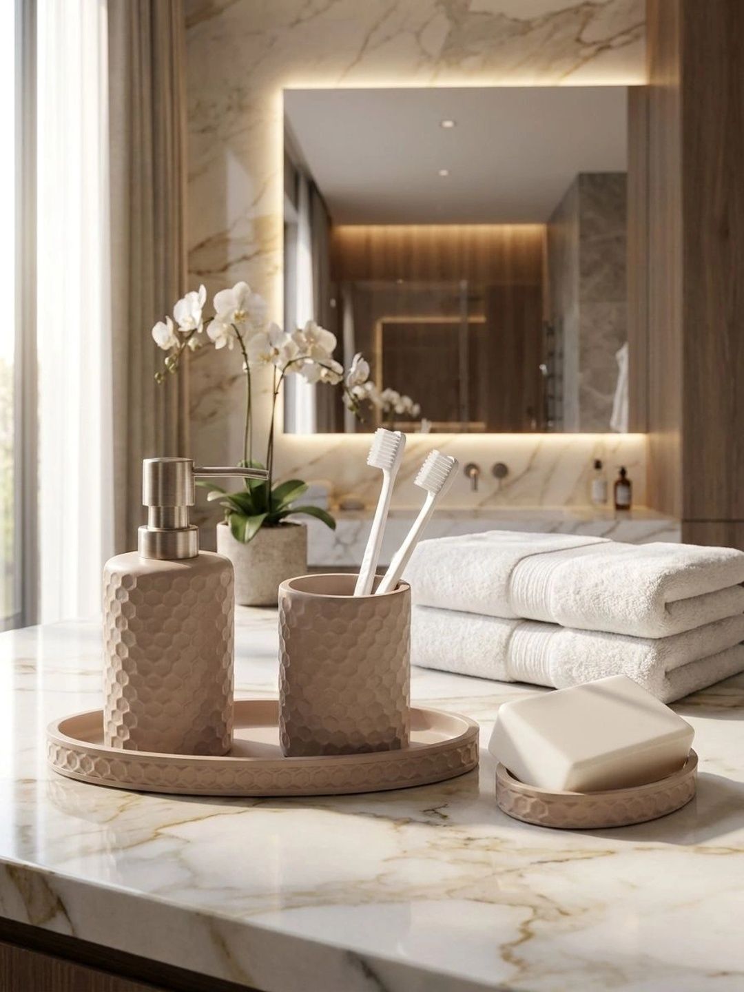 Pano Taupe 4 piece Textured Polyresin Bath Accessories Set-picture-11