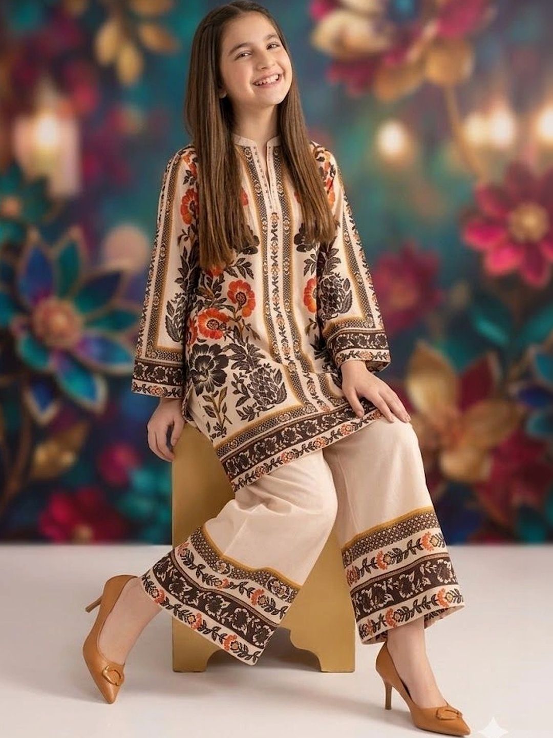 HERE&NOW Girls Floral Printed Regular Kurti with Palazzos-picture-11