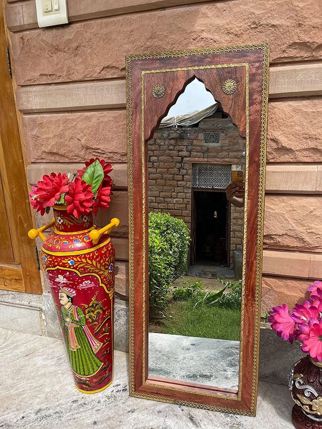 PREET GALLERY Brown Wooden Dressing Room Makeup Wall Mirror-picture-33