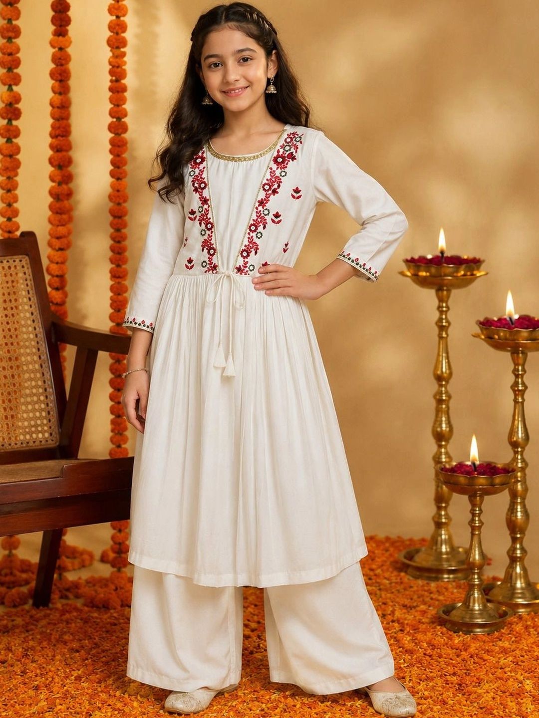KALINI Girls Floral Embroidered Empire Thread Work Kurta with Palazzos-picture-40