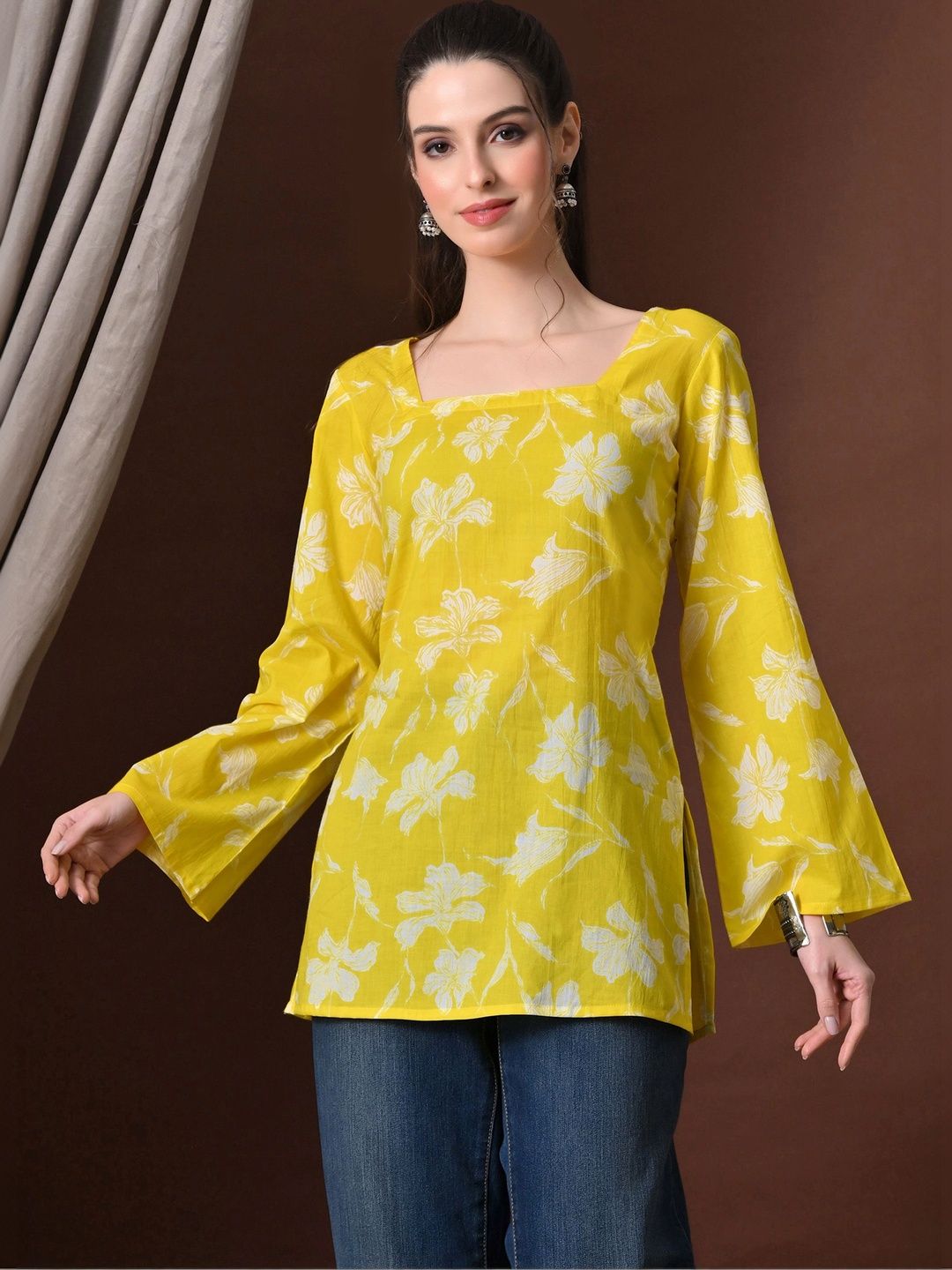 KALINI Floral Printed Square Neck Flared Sleeves Pure Cotton Kurti-picture-16