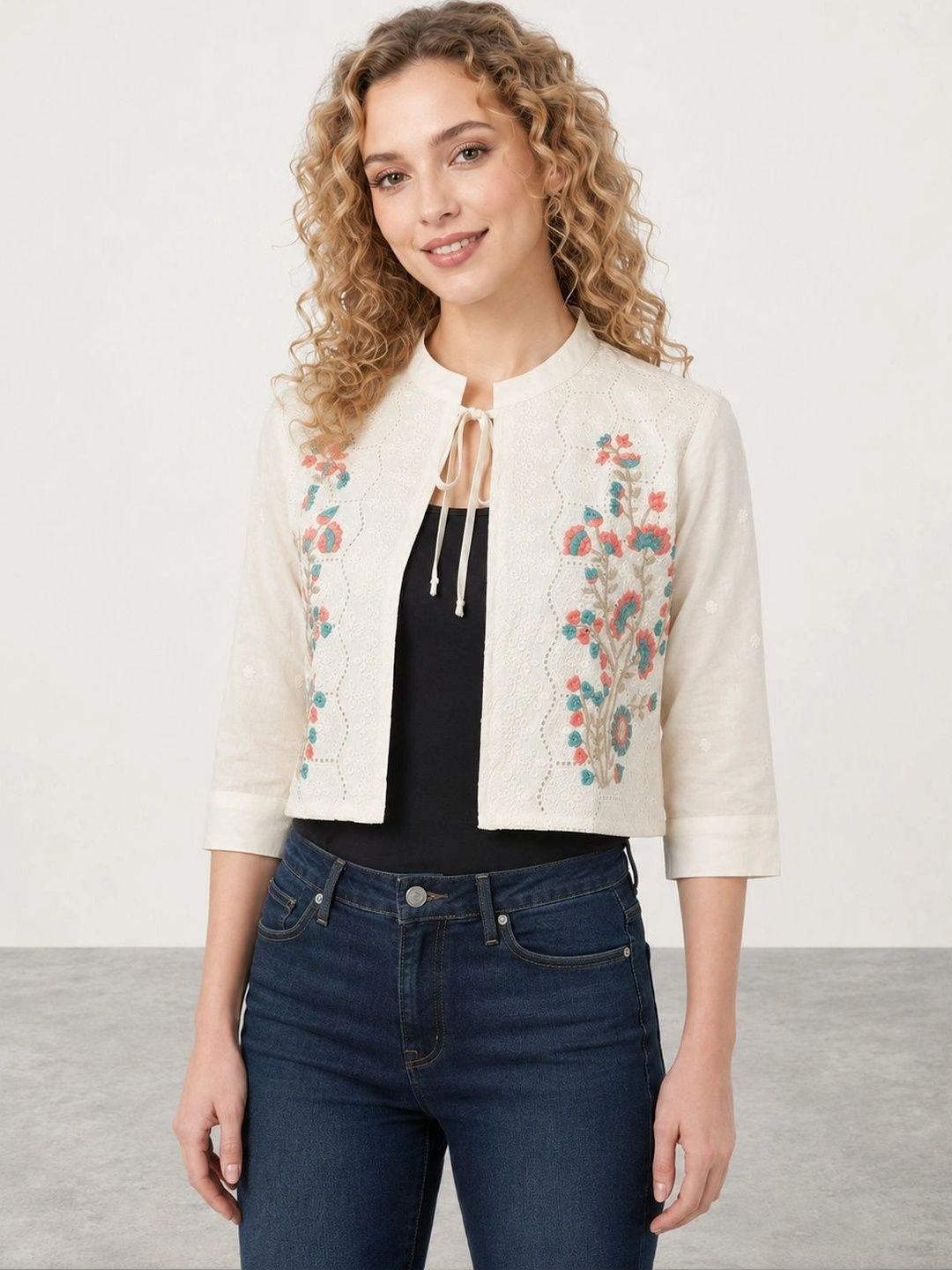 Muhuratam Women Floral Crop Open Front Jacket with Embroidered-picture-31