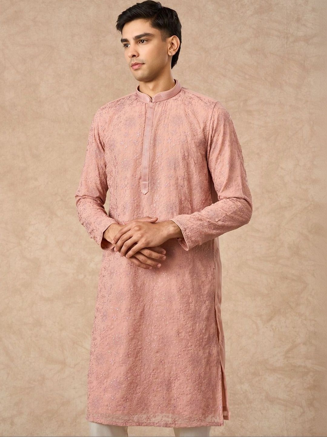 Manyavar Men Floral Embroidered Regular Chikankari Kurta with Pyjamas-picture-31