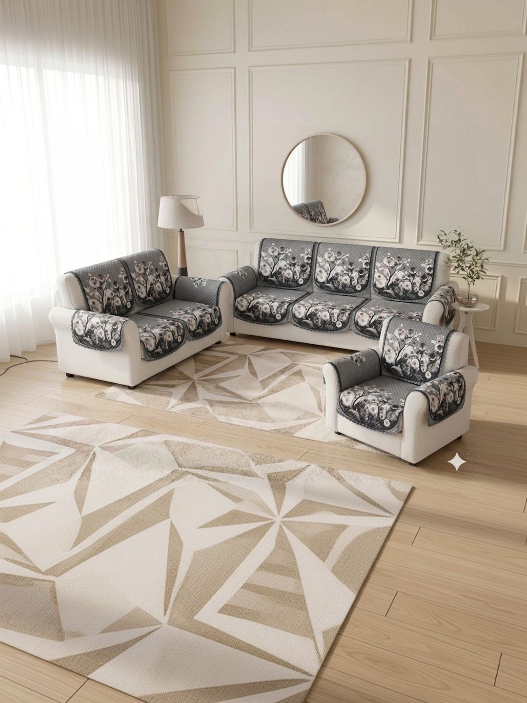 KANUM Cream-Coloured Printed Viscose Rayon Blend Sofa Cover With Arms-picture-49
