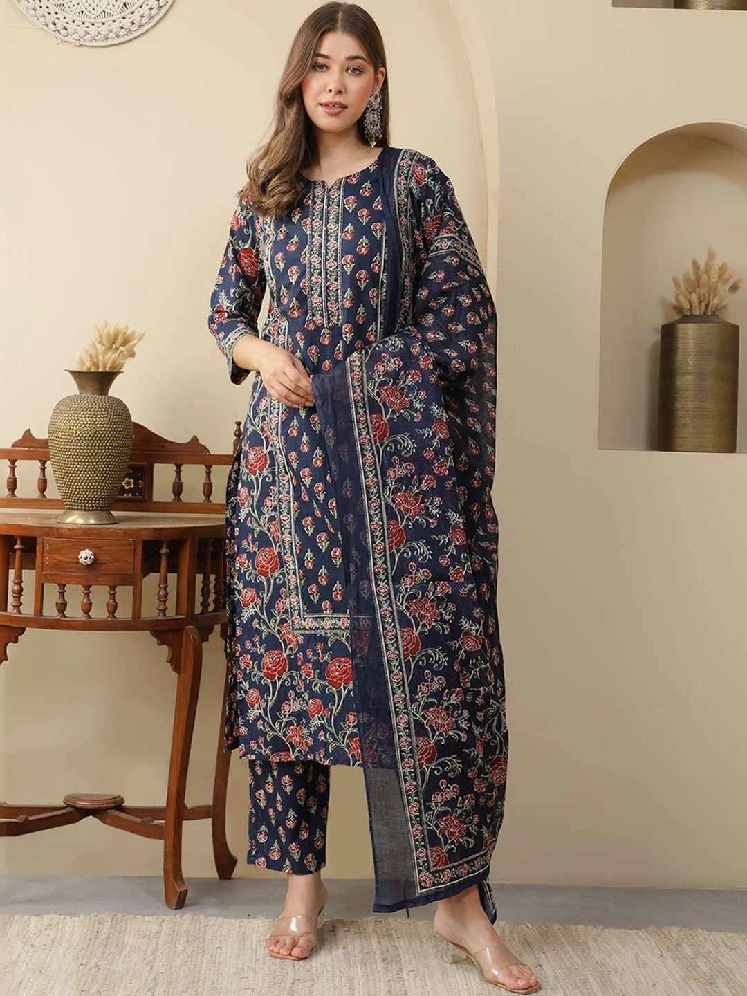 GUDWEARS Women Floral Printed Regular Pure Cotton Kurta with Trousers & With Dupatta-picture-18