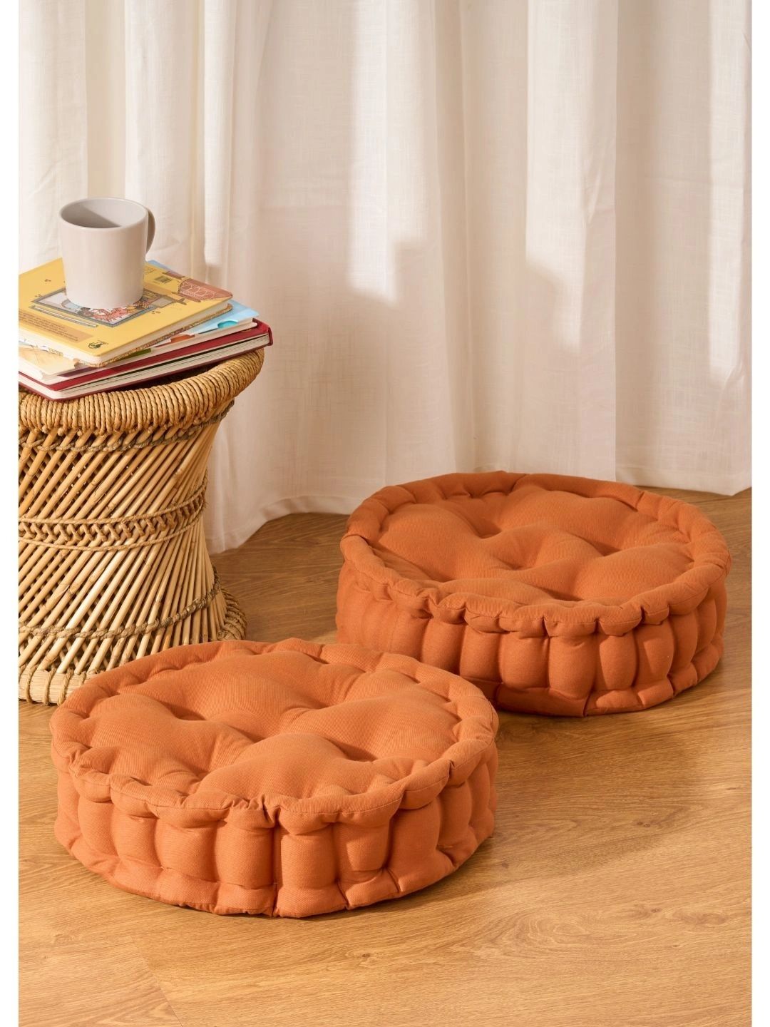 SKANDA FAB 2-Pcs Camel Brown Pure Cotton Round Breathable Cushions-picture-43