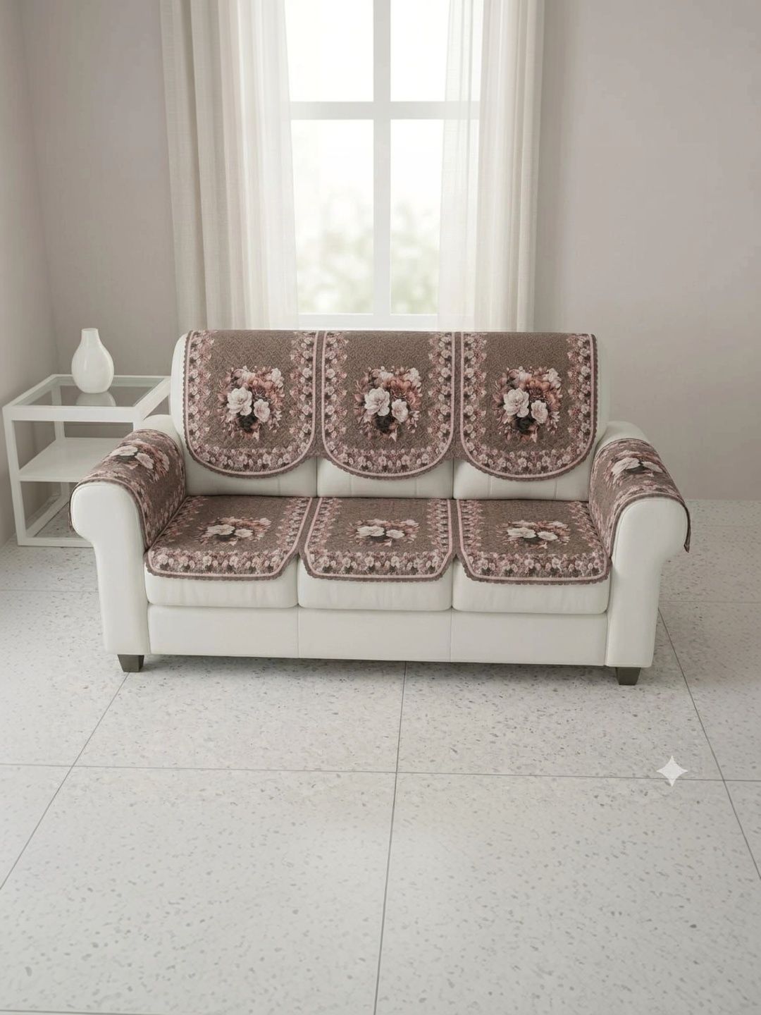 KANUM Coffee Brown Printed Viscose Rayon Blend Sofa Cover With Arms-image-40