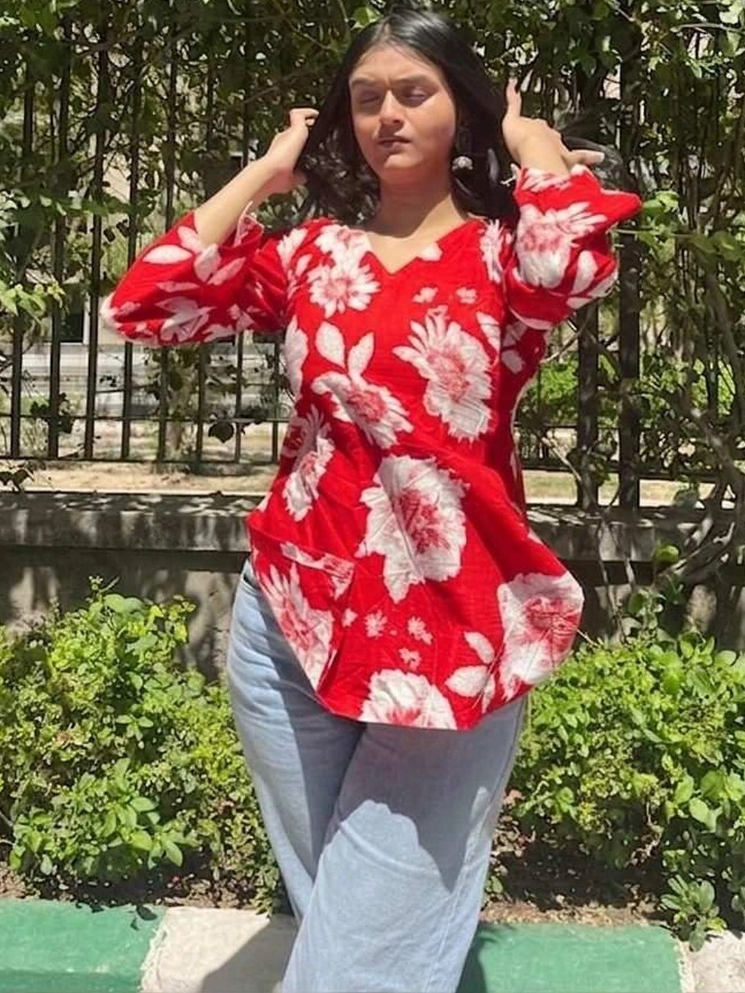 KALINI Floral Printed V-Neck Flared Sleeves Pure Cotton Kurti-picture-52