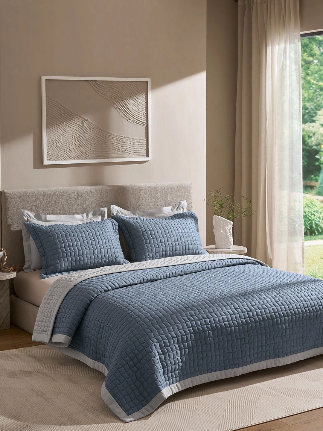 SANSAAR A DDECOR BRAND LIVE CONSCIOUSLY Blue & White Geometric Cotton 3 Piece Double Extra Large Superfine Bedding Set-picture-35